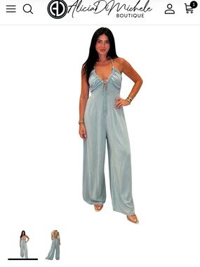 Light Blue Denim Halter Wide-Leg Jumpsuit Size Large